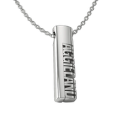 A sterling silver oval tag pendant with the words 'Aggieland' cut out vertically, attached to a silver chain.